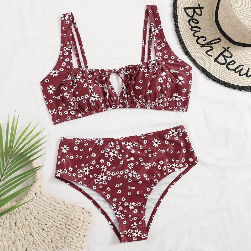 

Ditsy Floral Drawstring Front Bikini Swimsuit, Red violet