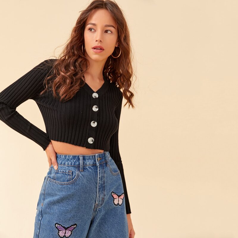 

Button Front Ribbed Cardigan, Black