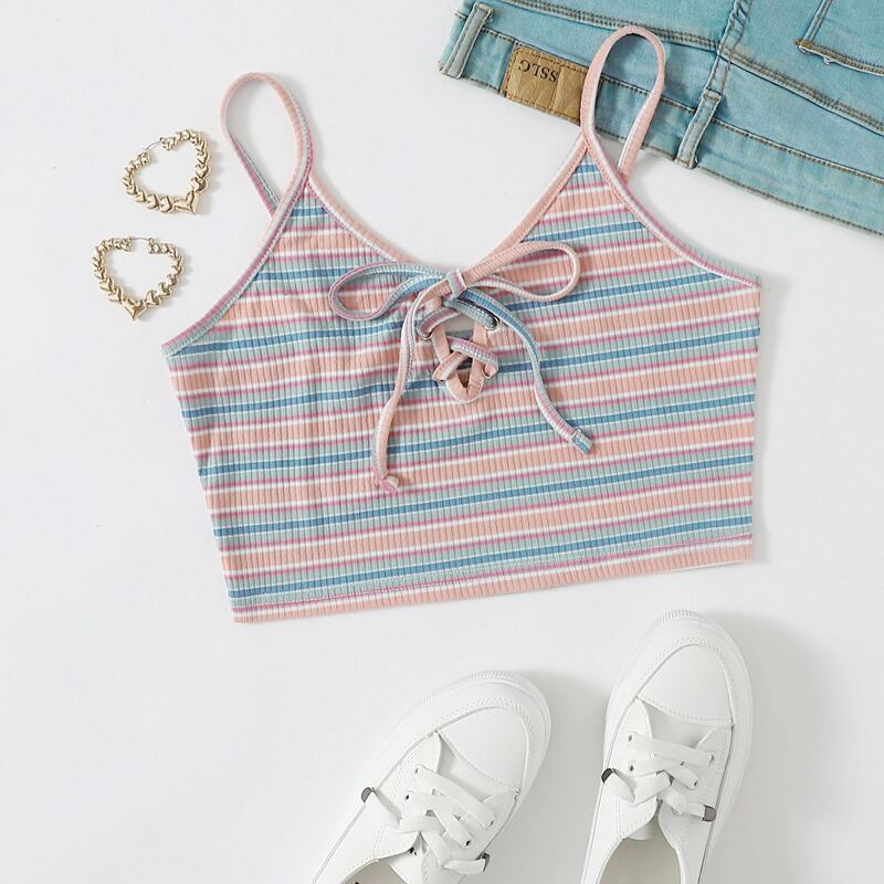 

Lace Up Front Striped Cami, Multicolor