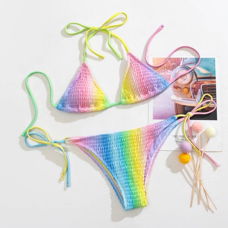 

Ombre Smocked Triangle Tie Side Bikini Swimsuit, Multicolor