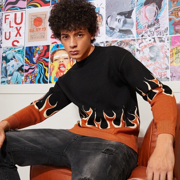 

Men Fire Pattern Sweater, Multicolor