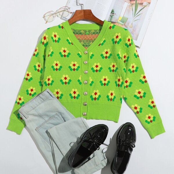 

Allover Floral Pattern Button Up Cardigan, Lime green
