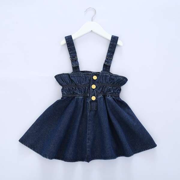 

Toddler Girls Button Front Shirred Denim Dress, Medium wash