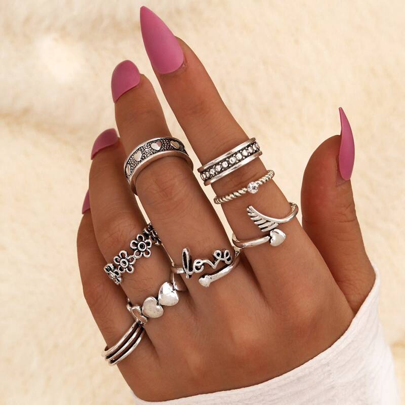 

8pcs Flower & Heart Decor Ring, Antique silver