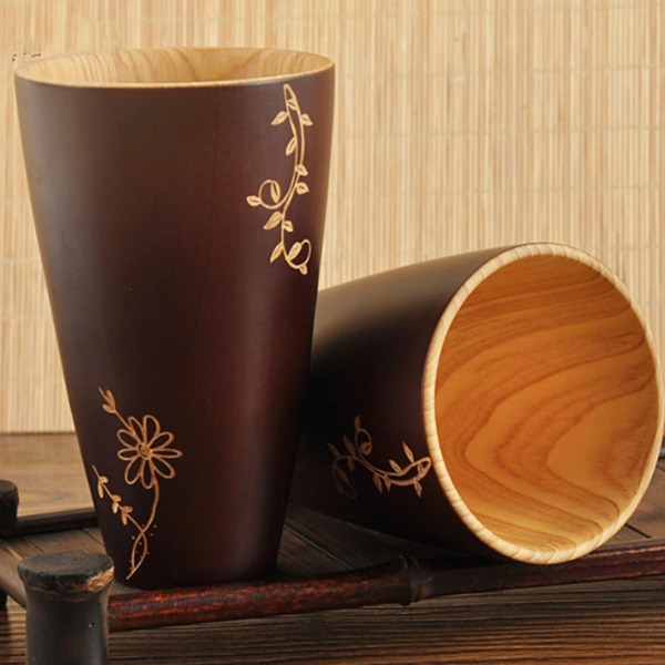 

1pc Flower Carved Wooden Tea Cup, Brown