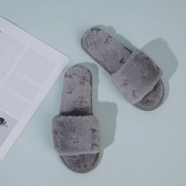 

Open Toe Embroidered Fluffy Slippers, Grey