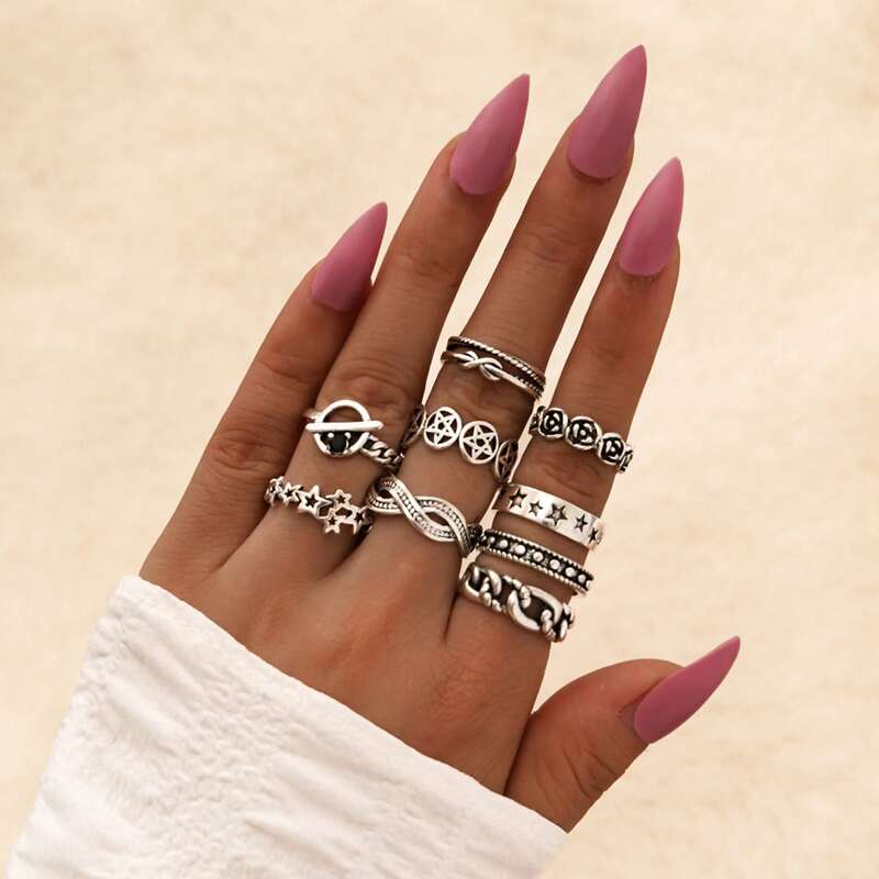 

9pcs Star & Flower Decor Ring, Antique silver