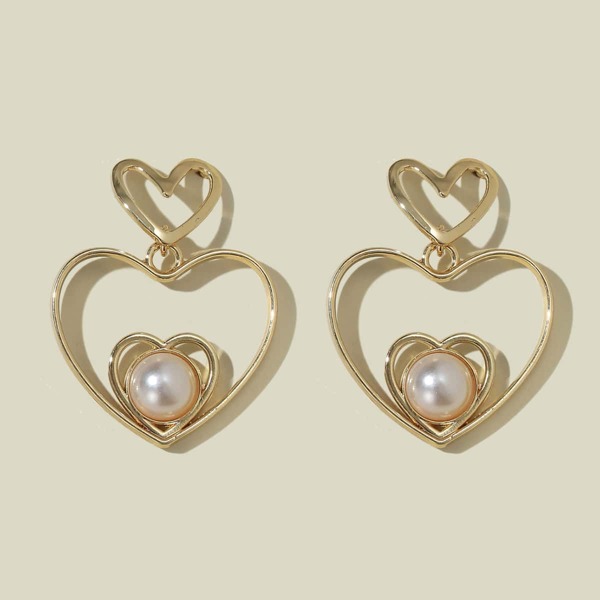 

Heart & Faux Pearl Decor Drop Earrings, Gold