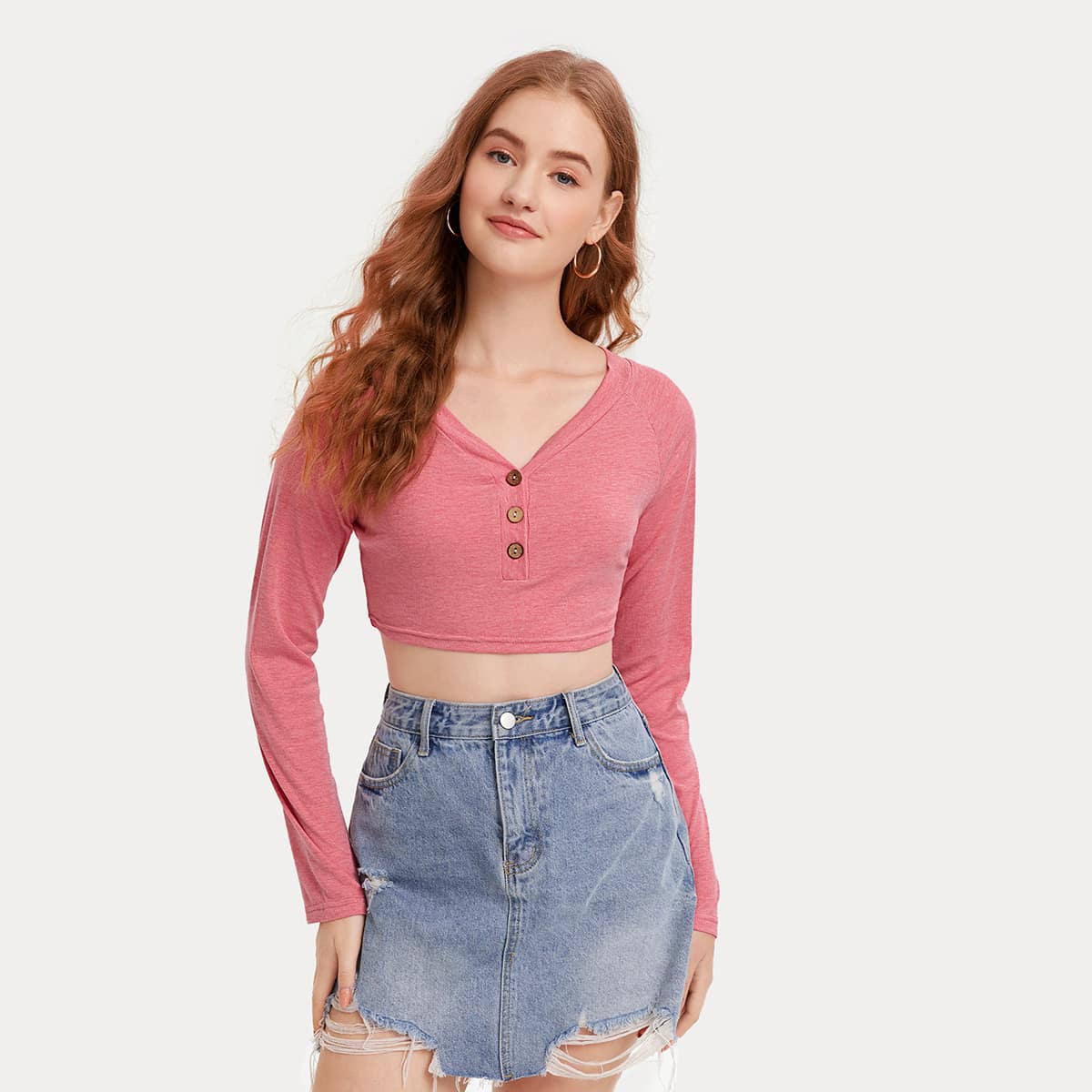

Solid Button Crop Tee, Watermelon pink