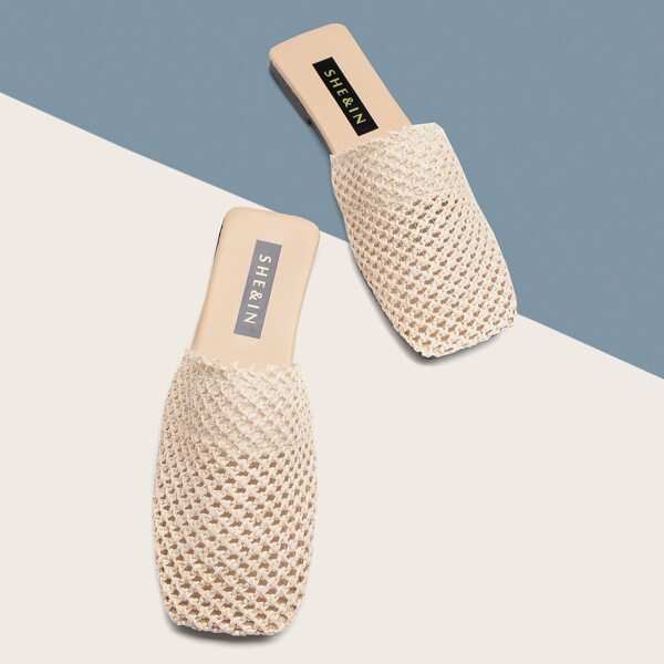 

Square Toe Woven Flat Mules, Beige