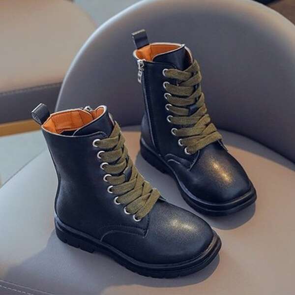 

Girls Lace-up Front Side Zipper Boots, Black