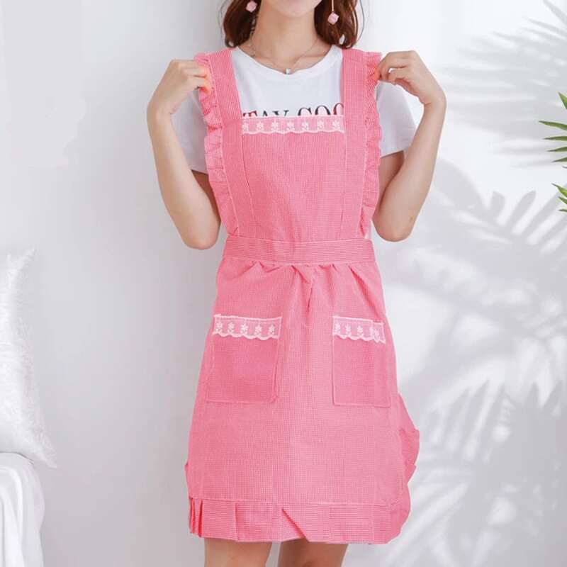 

1pc Ruffle Strap Plaid Apron, Pink