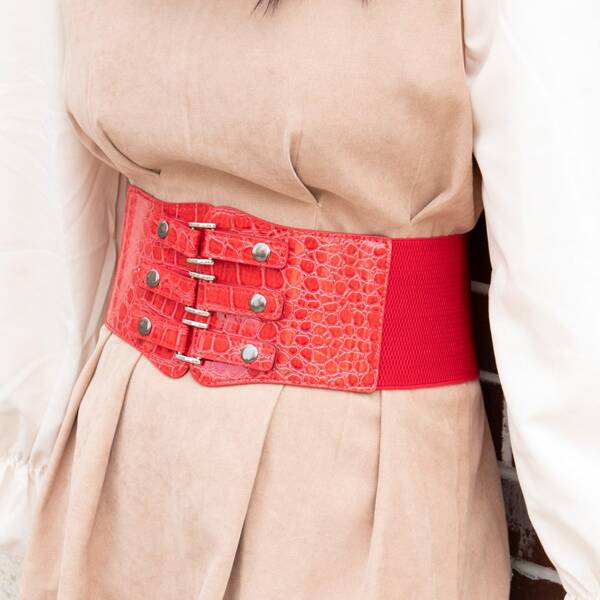 

Studded Decor Wide Belt, Red