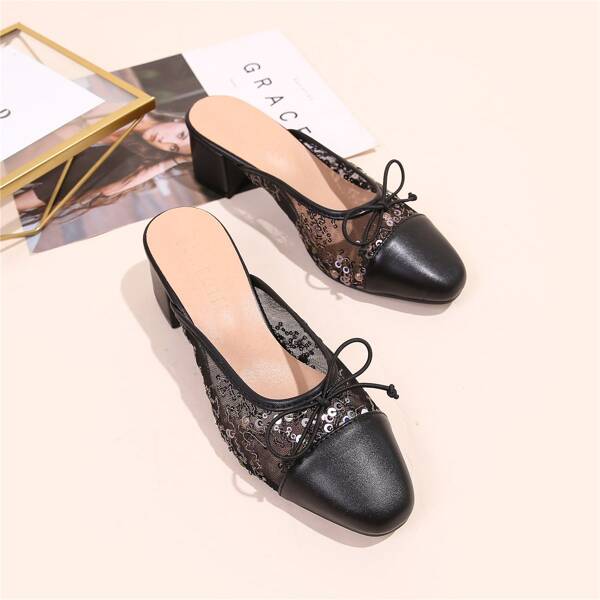 

Bow & Sequins Decor Chunky Heeled Mules, Black