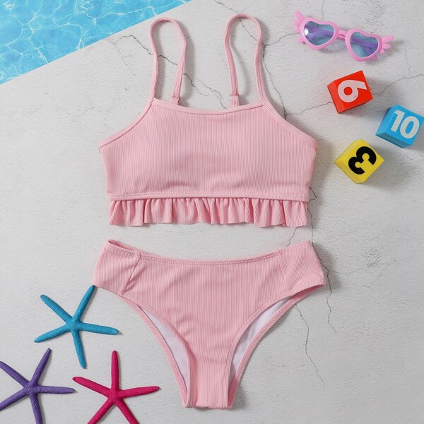 

Girls Rib Ruffle Hem Bikini Swimsuit, Pink