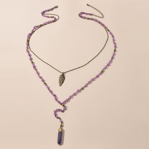 

Stone Charm Beaded Layered Necklace, Purple