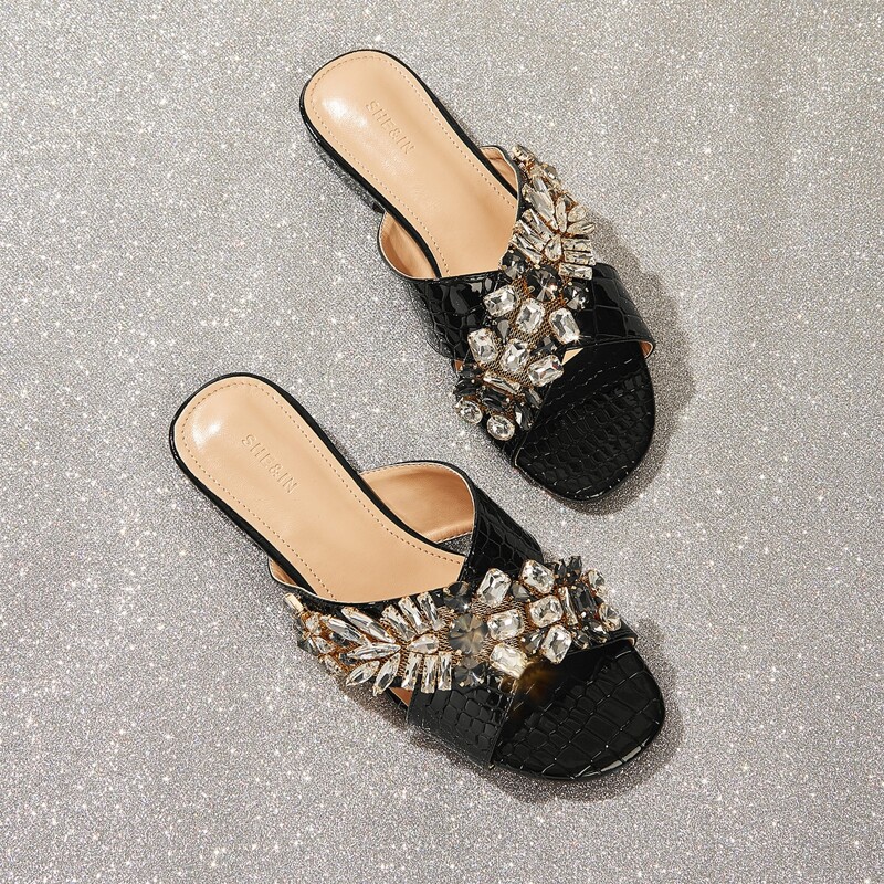 

Rhinestone Decor Croc Embossed Slide Sandals, Black