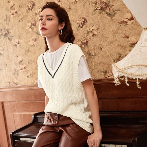 

V-neck Cricket Knit Top, Beige