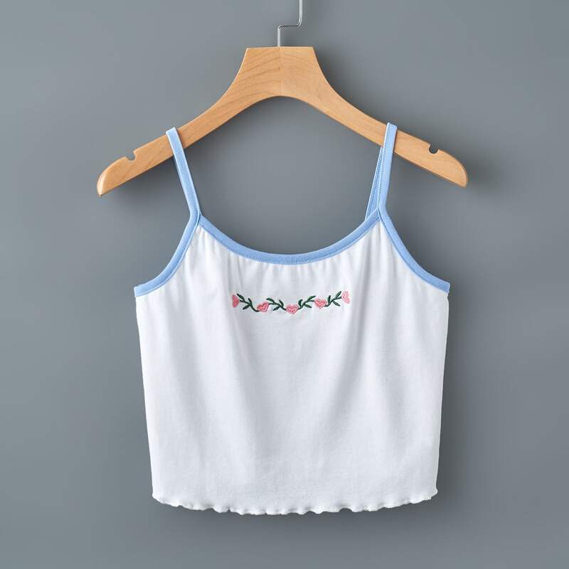 

Flower Embroidery Ringer Cami, White