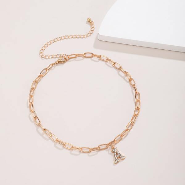 

Rhinestone Decor Letter Charm Necklace, Gold
