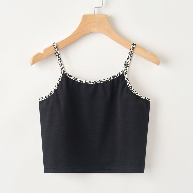 

Leopard Trim Crop Cami, Black