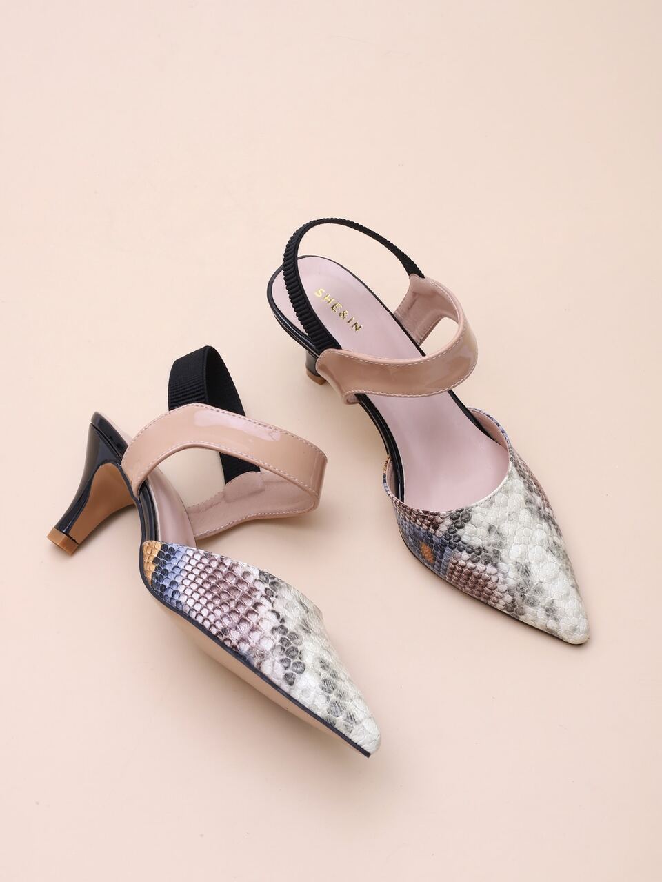 Point Toe Snakeskin Slingback Pumps,Women's Spring And Summer Multi-Color Snake-Print After-Tie Elastic Band Hollow Mid-High-Heeled Versatile Shoes,Elegant,Kitten Heels,Party