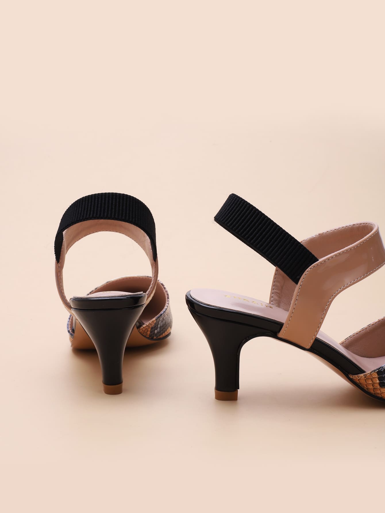Point Toe Snakeskin Slingback Pumps,Women's Spring And Summer Multi-Color Snake-Print After-Tie Elastic Band Hollow Mid-High-Heeled Versatile Shoes,Elegant,Kitten Heels,Party