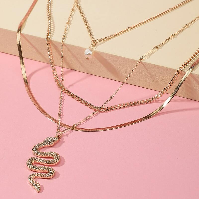 

Rhinestone Snake Layered Necklace, Gold