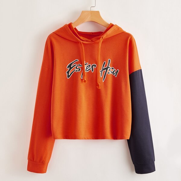 

Contrast Sleeve Letter Graphic Hoodie, Orange