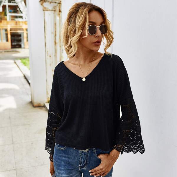 

Waffle Knit Contrast Lace Bell Sleeve Tee, Black