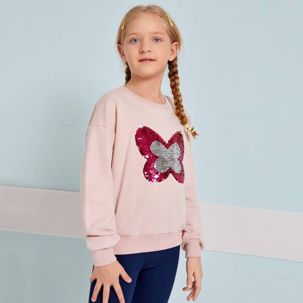 

Girls Butterfly Reversible Sequin Patched Sweatshirt, Pastel baby pink