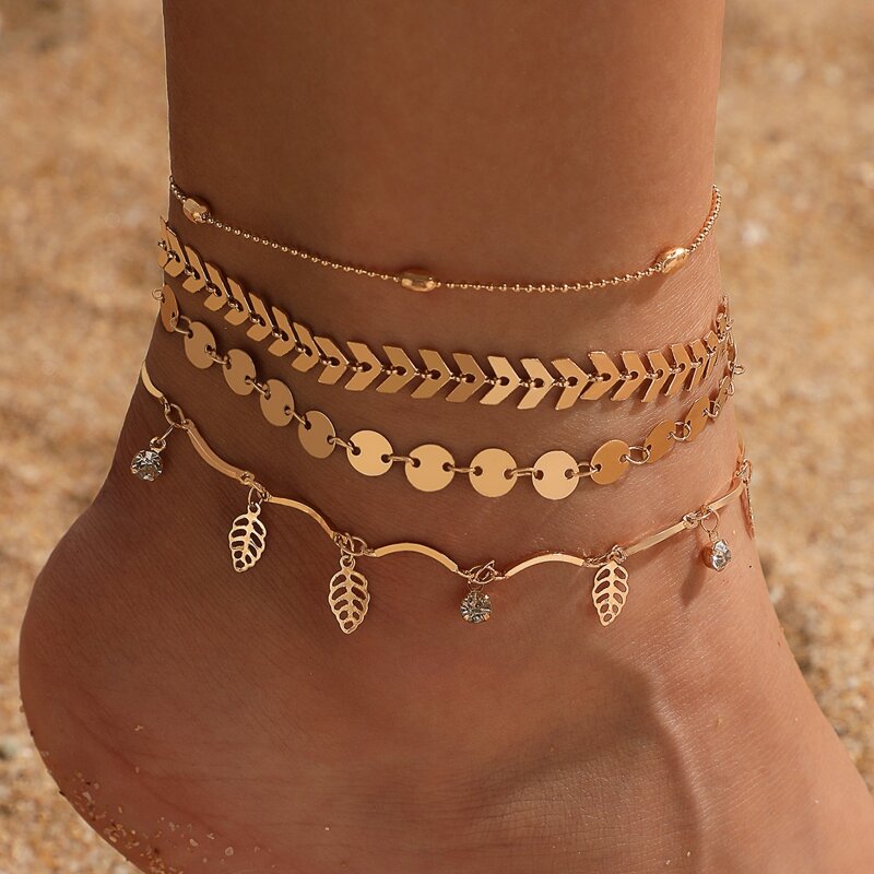 

4pcs Hollow Out Leaf Charm Anklet, Gold