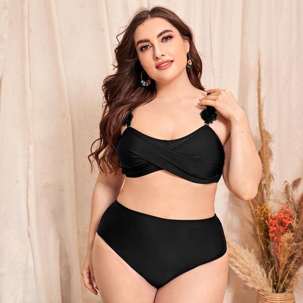 

Plus Appliques Strap Twist Underwire Bikini Swimsuit, Black