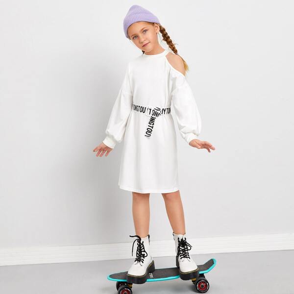 

Girls Cold Shoulder Letter Buckle Belted Dress, White