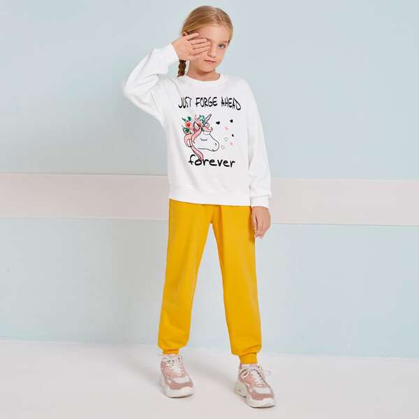 

Girls Drop Shoulder Unicorn & Slogan Print Pullover, White