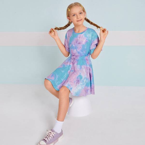 

Girls Tie Dye Drop Shoulder Top & Knot Waist Skirt Set, Multicolor