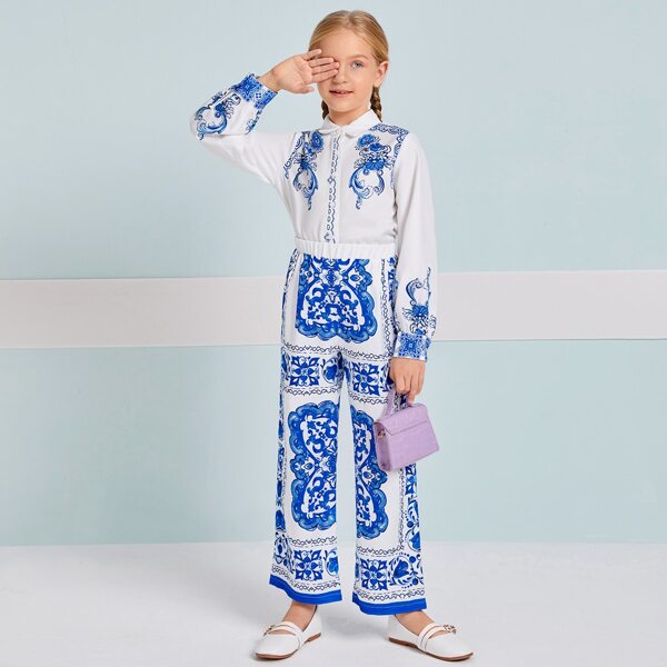

Girls Lantern Sleeve Scarf Print Blouse & Palazzo Pants Set, Blue and white