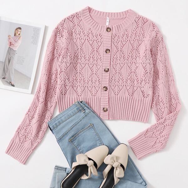 

Button Front Pointelle Knit Cardigan, Baby pink