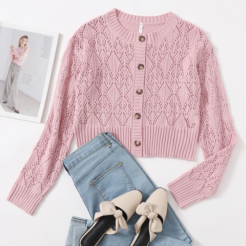 

Button Front Pointelle Knit Cardigan, Baby pink