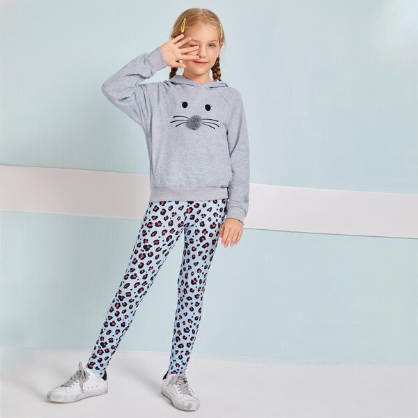 

Girls Pompom Detail Cartoon Graphic Hoodie & Leopard Leggings Set, Multicolor