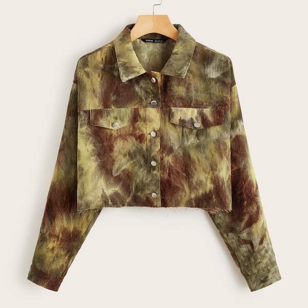 

Flap Detail Tie Dye Corduroy Crop Jacket, Multicolor