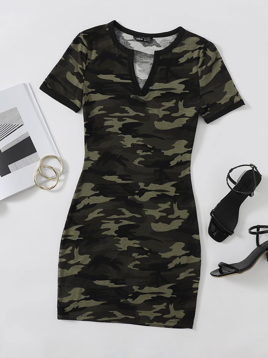 SHEIN Unity Notch Neck Camo Dress - Multicolor - View 1