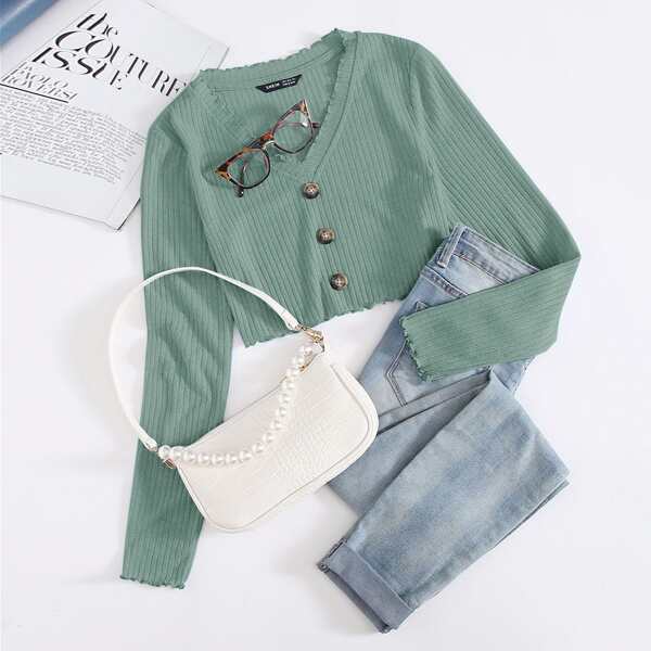 

V-neck Lettuce Trim Button Detail Crop Tee, Mint green