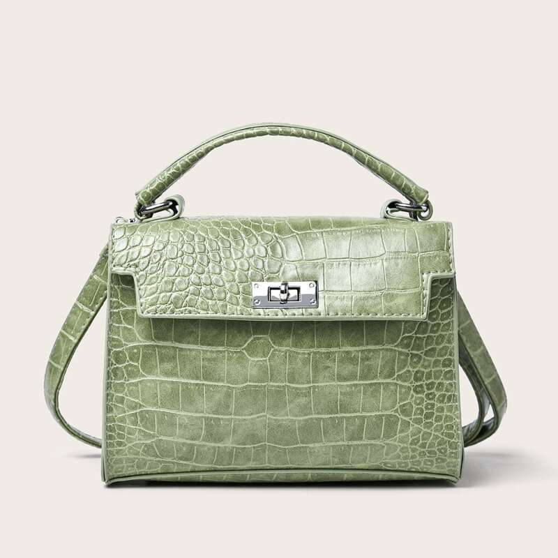 Croc Embossed Satchel Bag, Pastel mint green