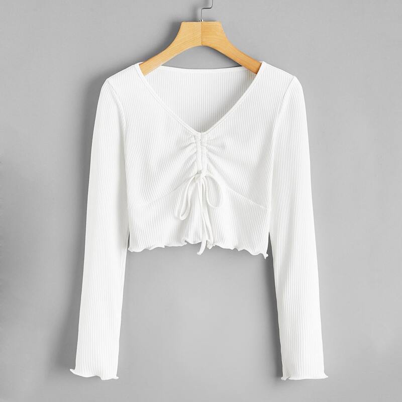 

Solid Drawstring Crop Tee, White