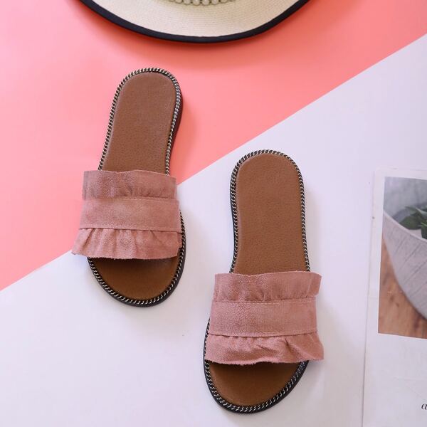 

Ruffle Decor Suede Slide Sandals, Pink