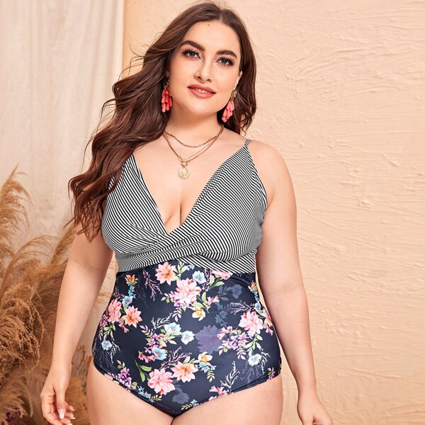 

Plus Floral & Striped Twist One Piece Swimsuit, Multicolor