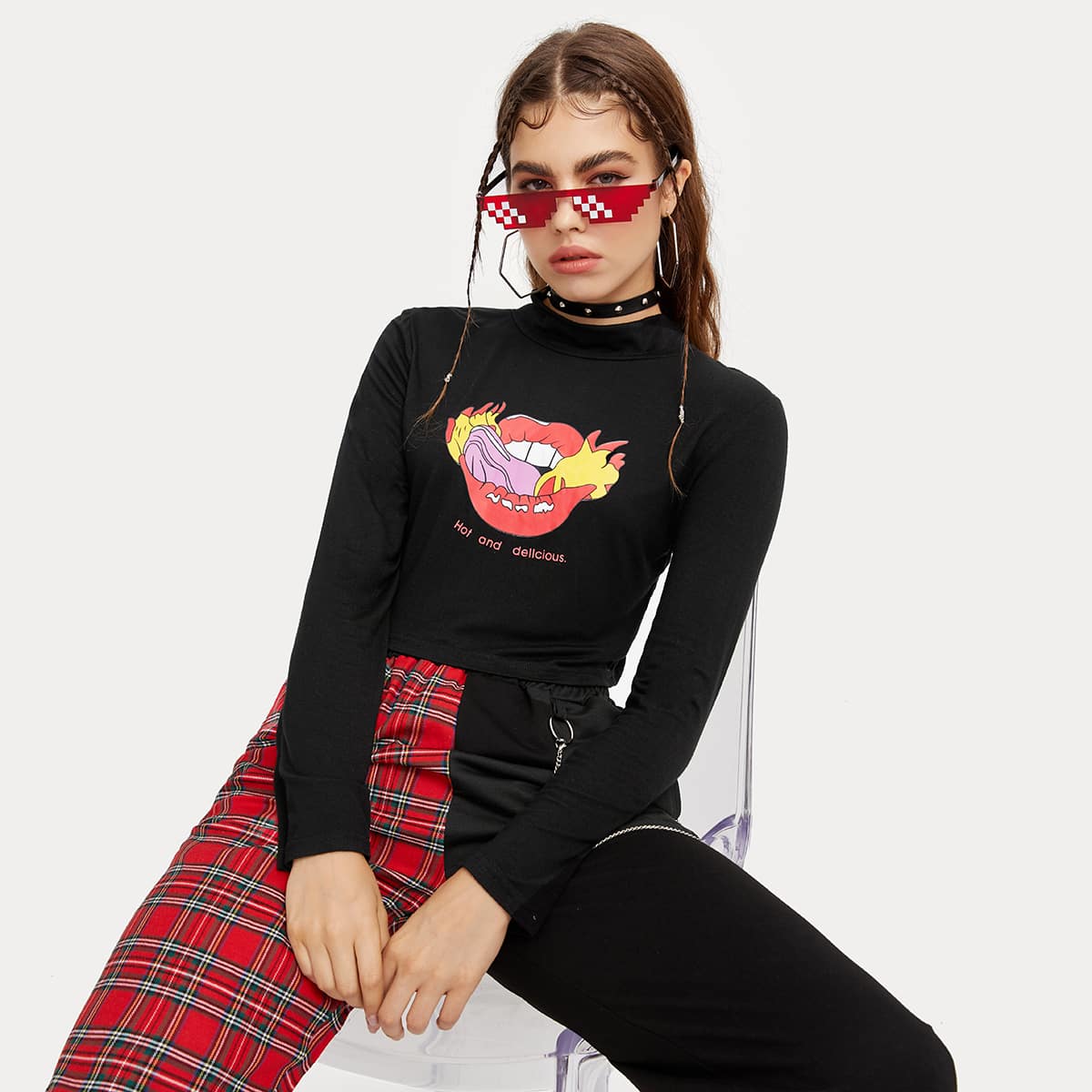 

Mouth Graphic Crop Tee, Black