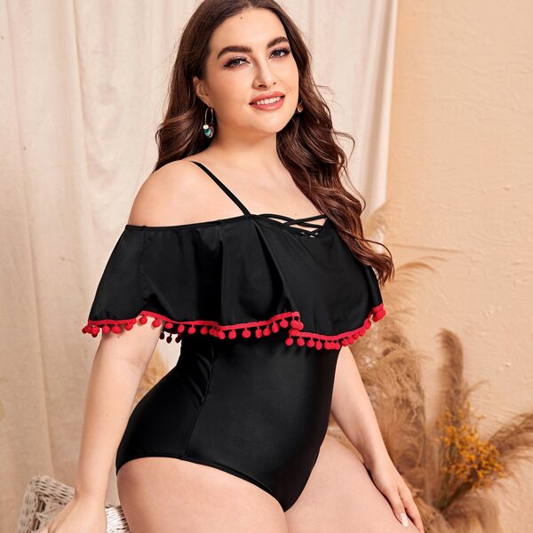 

Plus Pom-pom Trim Flounce One Piece Swimsuit, Black