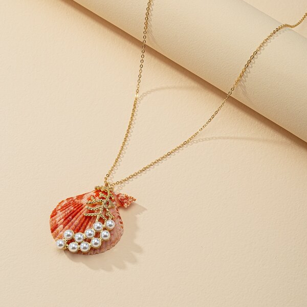 

Faux Pearl Decor Shell Charm Necklace, Gold